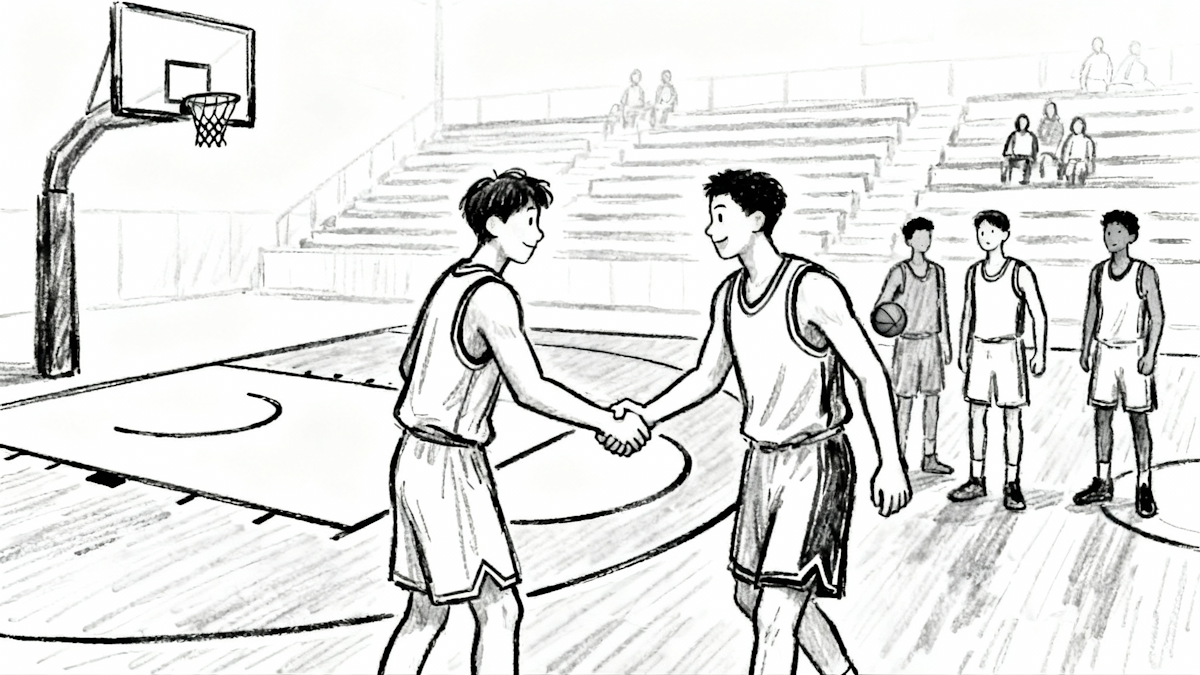 Two basketball players shaking hands on court