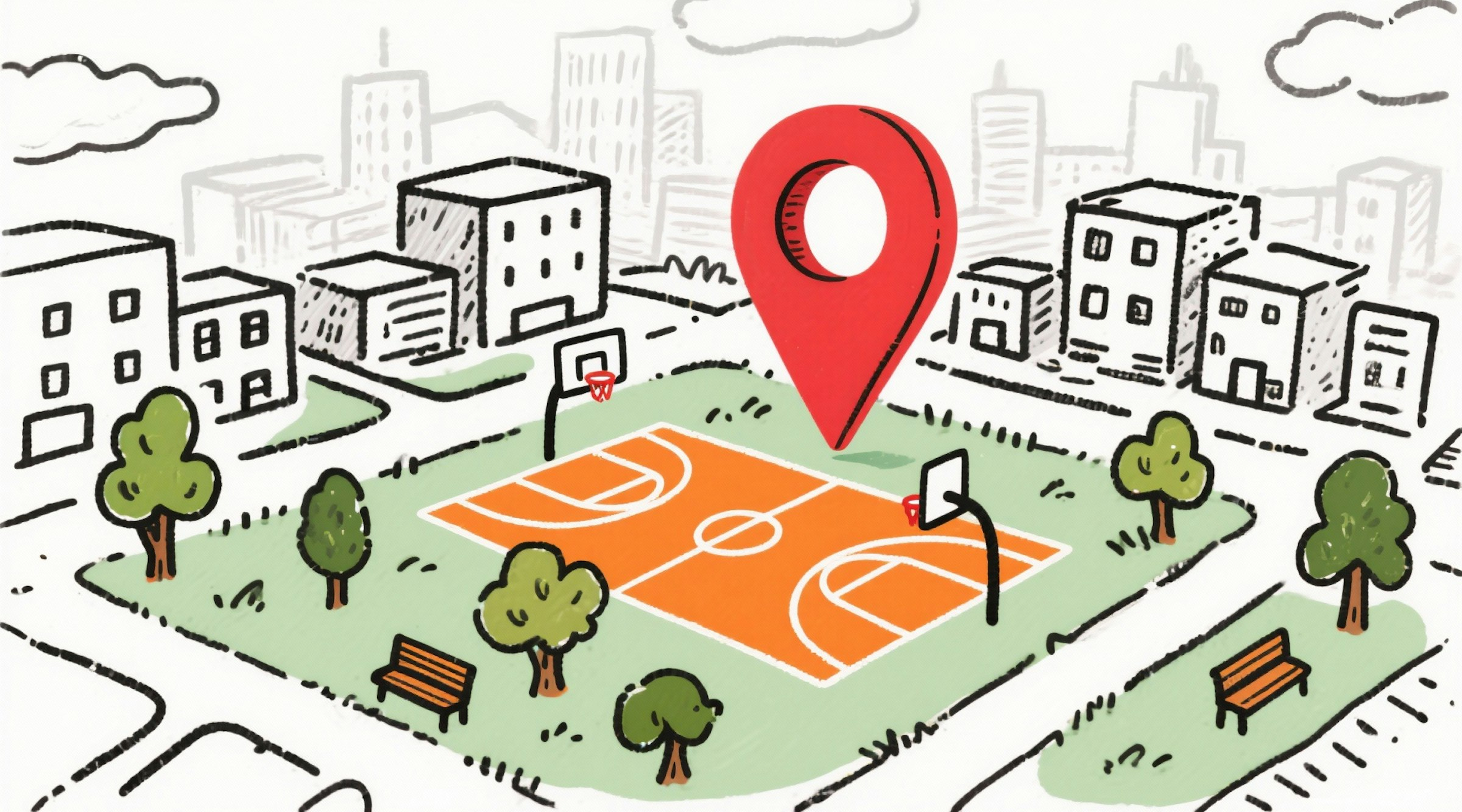 KL Basketball Community illustration showing a basketball court in an urban neighborhood